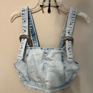 Light Blue Denim Crop Top with Buckle Detail